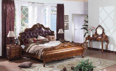 美式实木皮艺大床